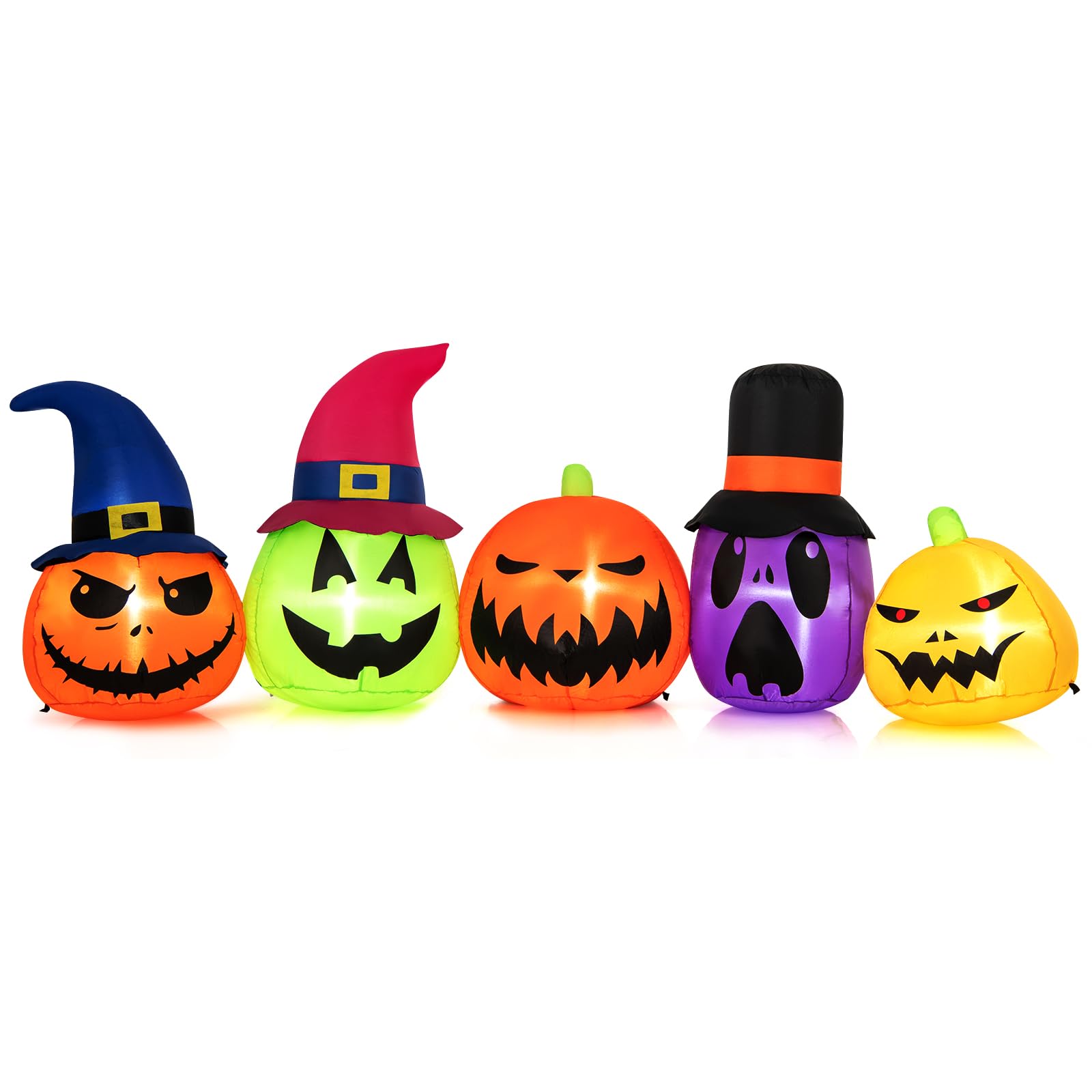 Tangkula Citrouille gonflable d'Halloween de 2,7 m pour la famille, décoration de cour gonflable avec lumières LED intégrées et chapeaux de sorcière